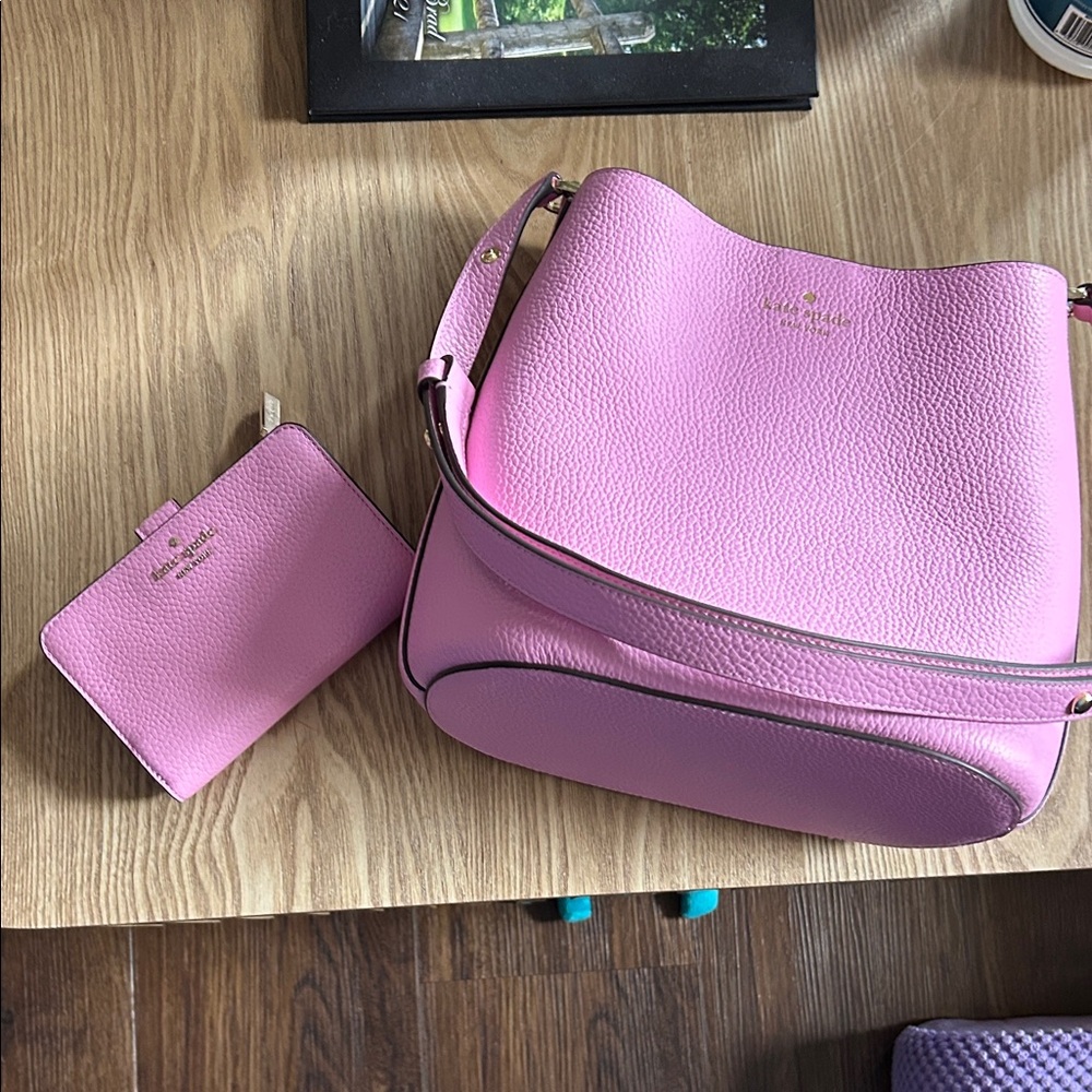kate spade Pink Pebbled Leather Shoulder Bag with Card Wallet